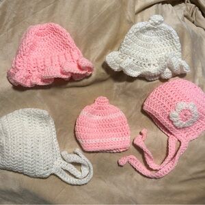 Crocheted Vintage Style Baby Hats - Pink and White